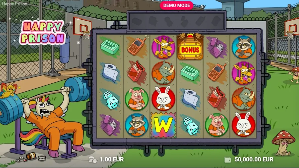 Tampilan visual slot Happy Prison dengan karakter unik dan tema penjara kartun