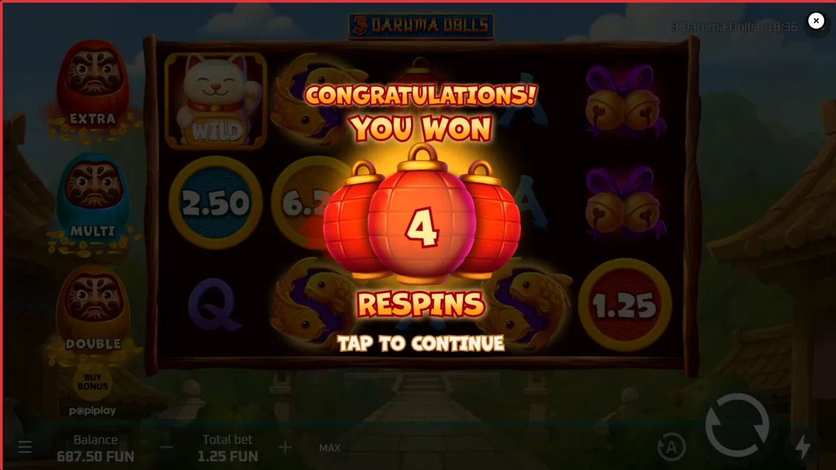 Tampilan visual slot 3 Daruma Dolls dengan latar belakang kuil Jepang yang mistis
