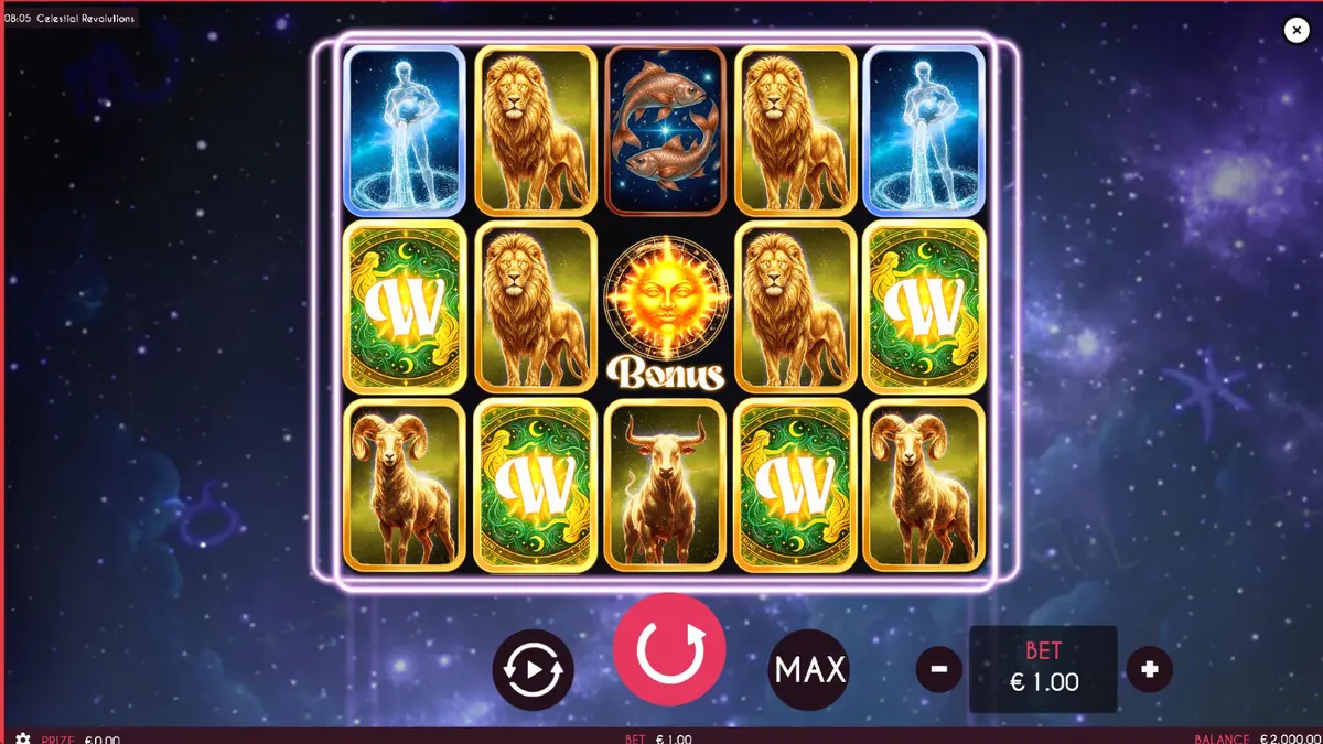 Tampilan visual slot Celestial Revolutions dengan tema zodiak dan kosmik