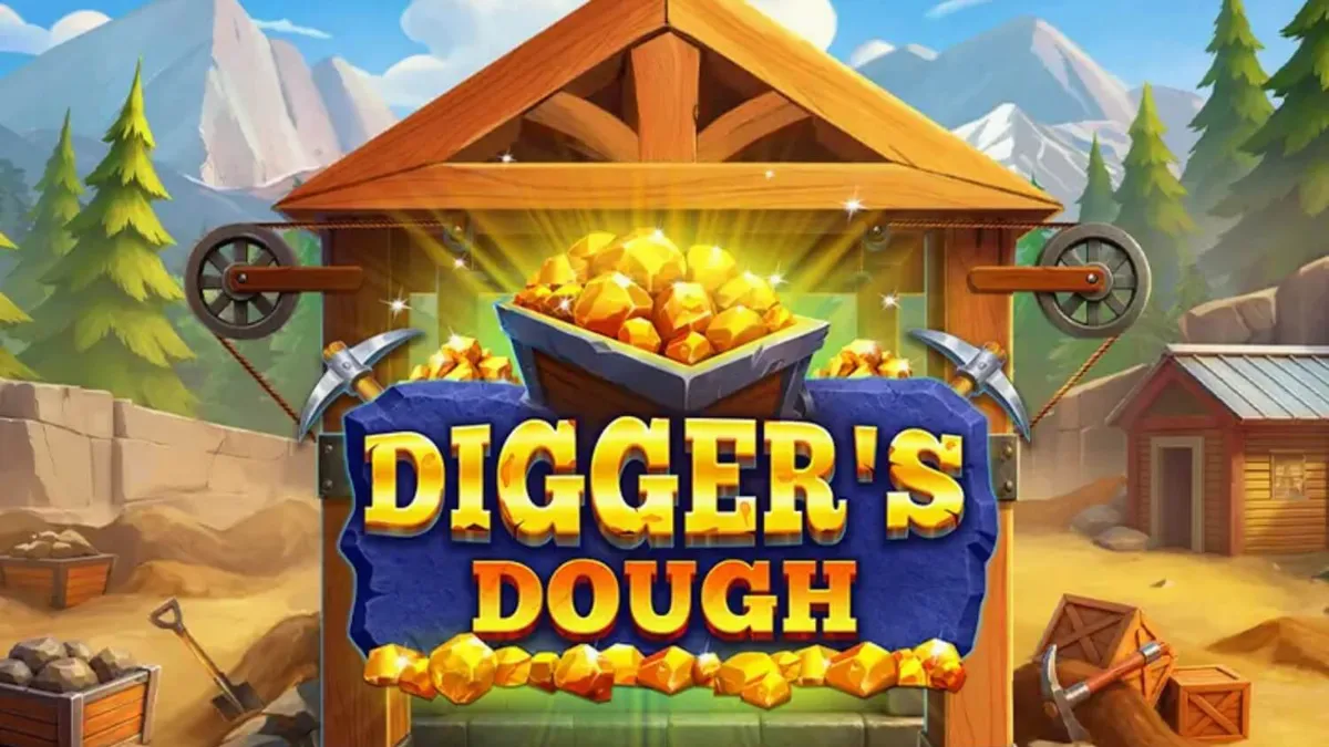 Tampilan visual slot Digger’s Dough dengan tema tambang kartun dan simbol emas.