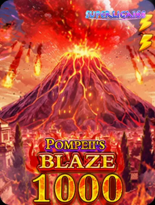 Tampilan visual slot Pompeii’s Blaze 1000 dengan latar belakang Gunung Vesuvius